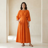 Orange Cotton Poplin Cinched Waist Flared Maxi Dress