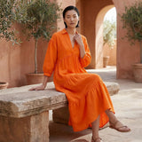 Orange Cotton Poplin Deep-V Maxi Tier Dress