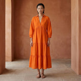 Orange Cotton Poplin Deep-V Maxi Tier Dress