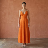 Orange Cotton Poplin Deep V-Neck Cami Maxi Dress