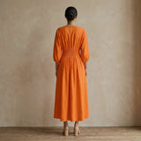 Orange Cotton Poplin Deep-V Neck Empire Waist Maxi Dress
