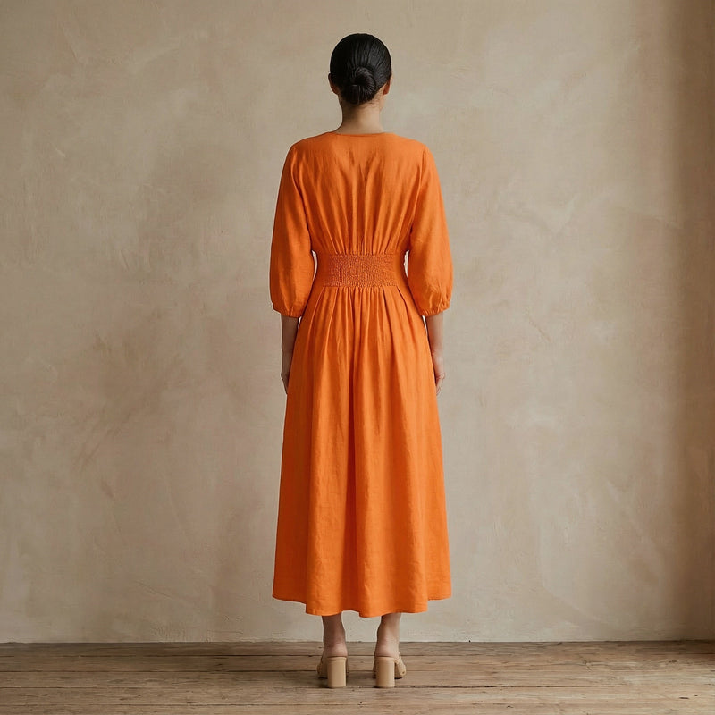 Orange Cotton Poplin Deep-V Neck Empire Waist Maxi Dress 62