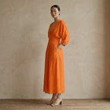 Orange Cotton Poplin Deep-V Neck Empire Waist Maxi Dress