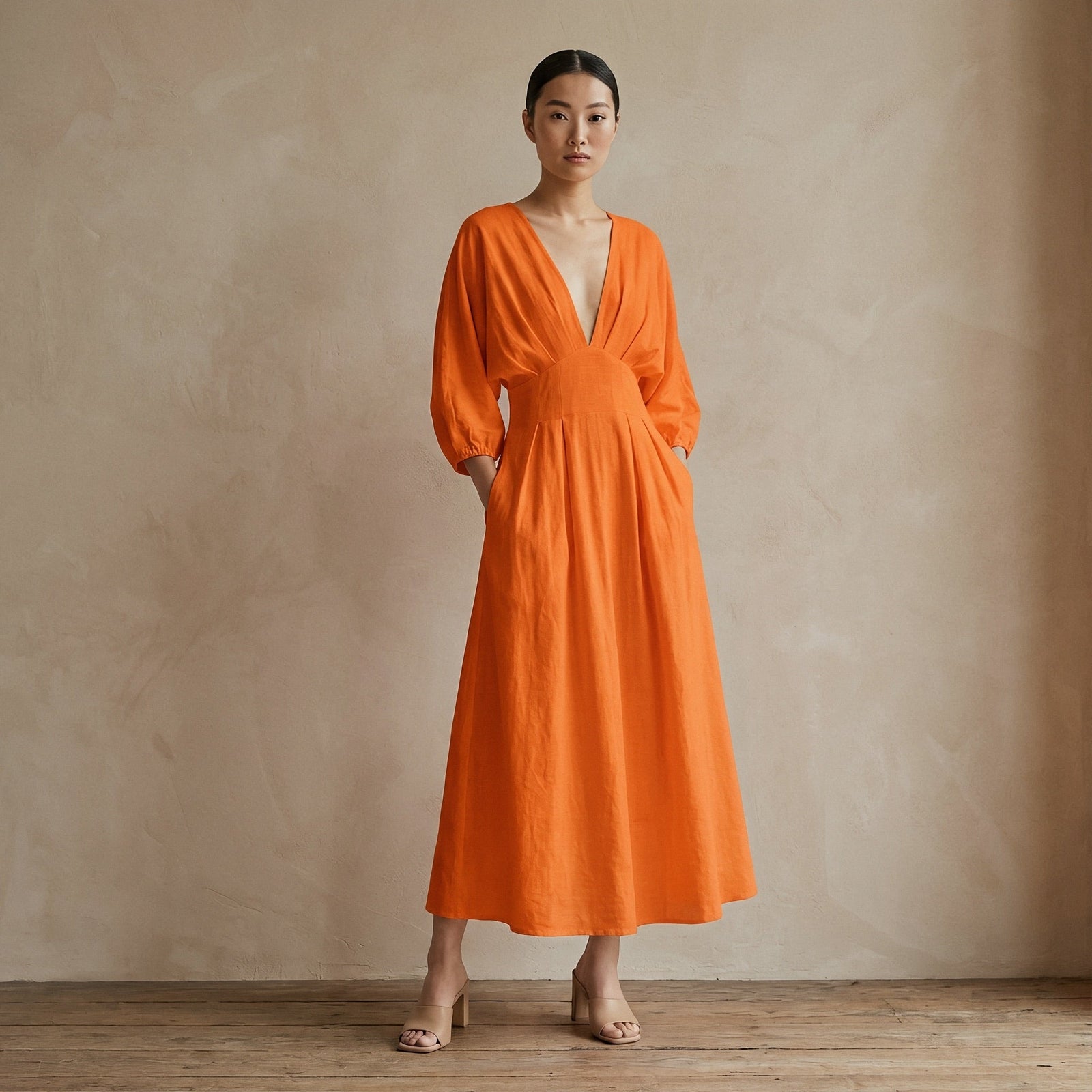 Orange Cotton Poplin Deep-V Neck Empire Waist Maxi Dress 62" / Petite (5'1" and below) Orange Cotton Poplin Deep-V Neck Empire Waist Maxi Dress 62" / Petite (5'1" and below)