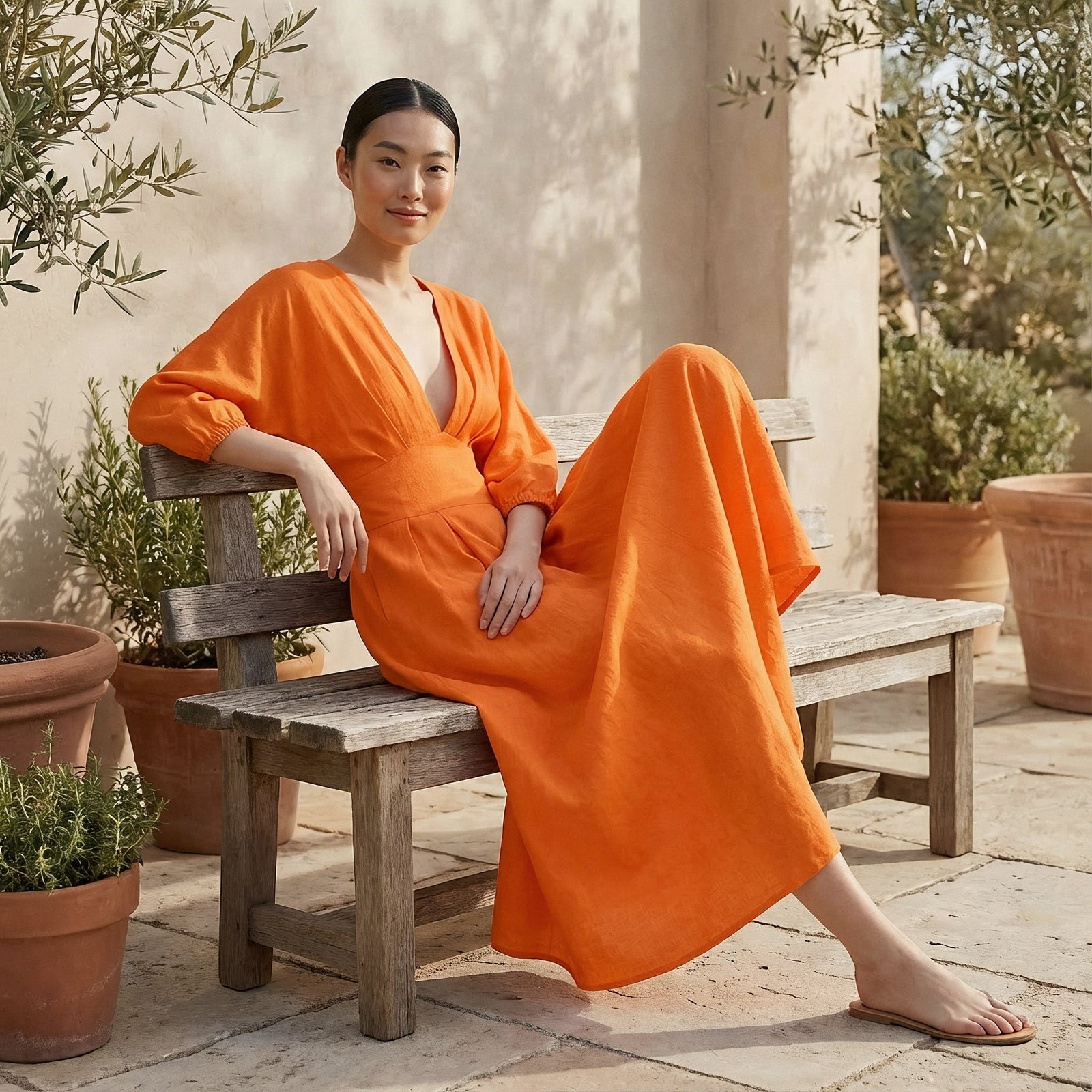 Buy Orange Cotton Poplin Deep-V Neck Empire Waist Maxi Dress Online at SeamsFriendly Buy Orange Cotton Poplin Deep-V Neck Empire Waist Maxi Dress Online at SeamsFriendly