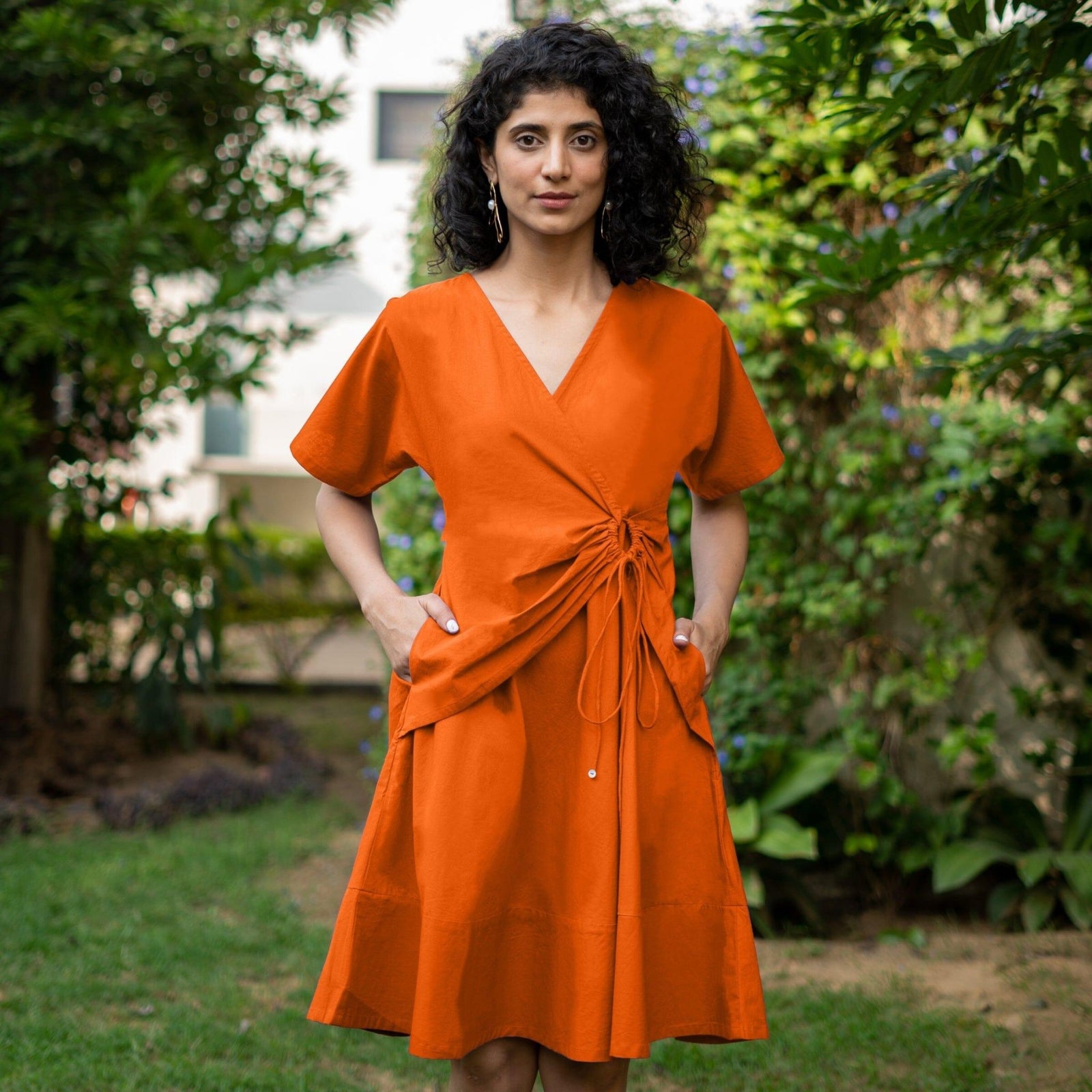 Orange Cotton Poplin Drop Shoulder Sleeves Knee Length Wrap Dress 58" / Tall (5'7" and above) Orange Cotton Poplin Drop Shoulder Sleeves Knee Length Wrap Dress 58" / Tall (5'7" and above)