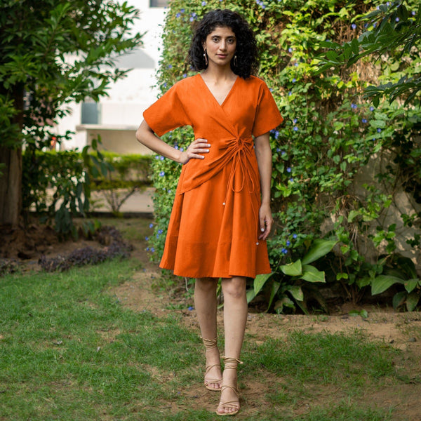 Orange Cotton Poplin Drop Shoulder Sleeves Knee Length Wrap Dress 58
