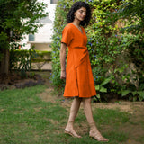 Orange Cotton Poplin Drop Shoulder Sleeves Knee Length Wrap Dress