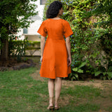 Orange Cotton Poplin Drop Shoulder Sleeves Knee Length Wrap Dress