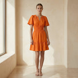 Orange Cotton Poplin Elasticated Short Tier Dress