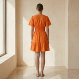 Orange Cotton Poplin Elasticated Short Tier Dress