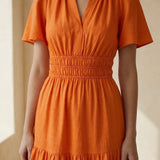 Orange Cotton Poplin Elasticated Short Tier Dress