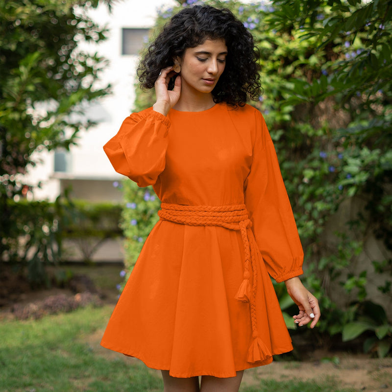 Orange Cotton Poplin Fit and Flare Balloon Sleeves Short Dress 50" / Petite (5'1" and below) Orange Cotton Poplin Fit and Flare Balloon Sleeves Short Dress 50" / Petite (5'1" and below)