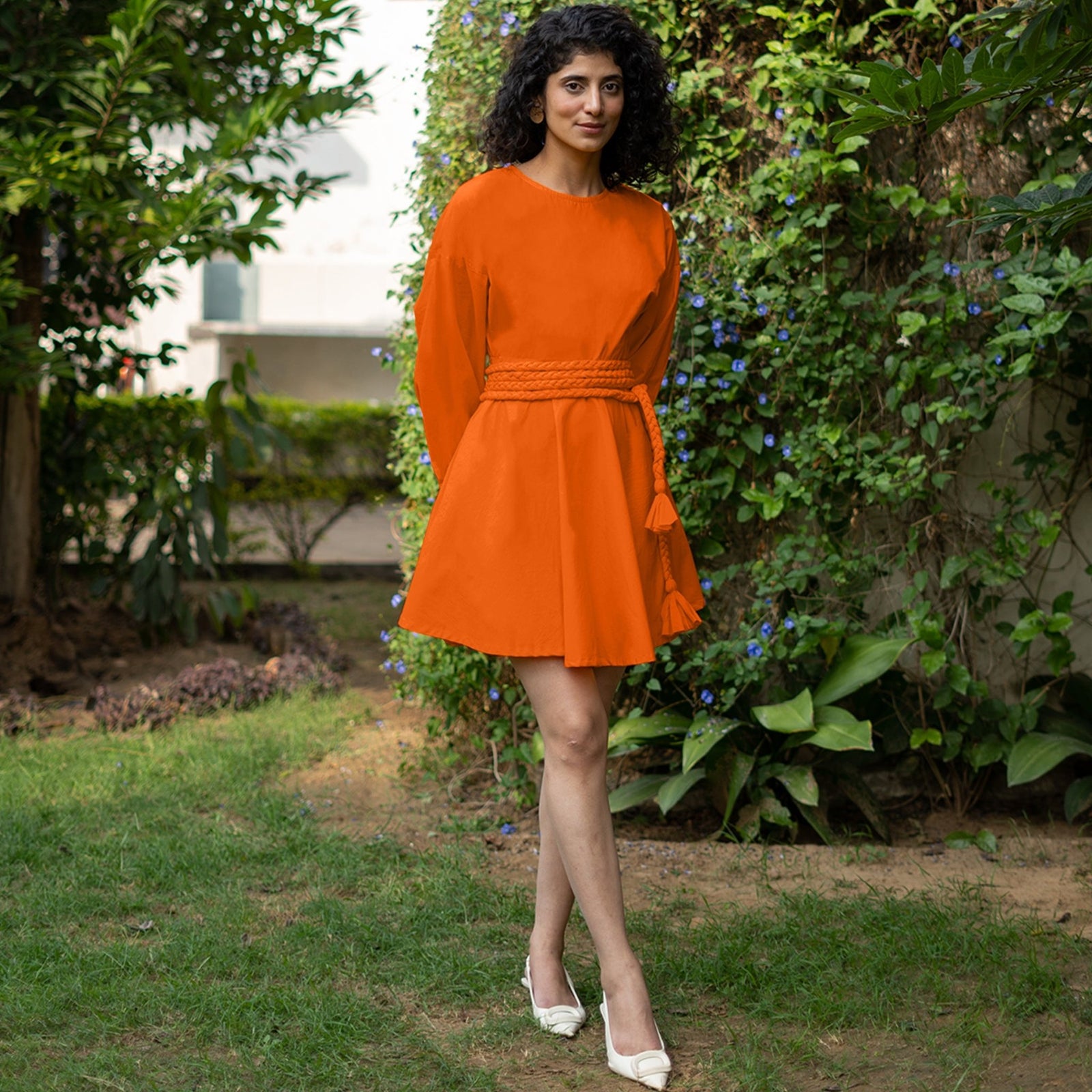 orange dress cotton Poplin Fit and Flare Balloon Sleeves Short 50