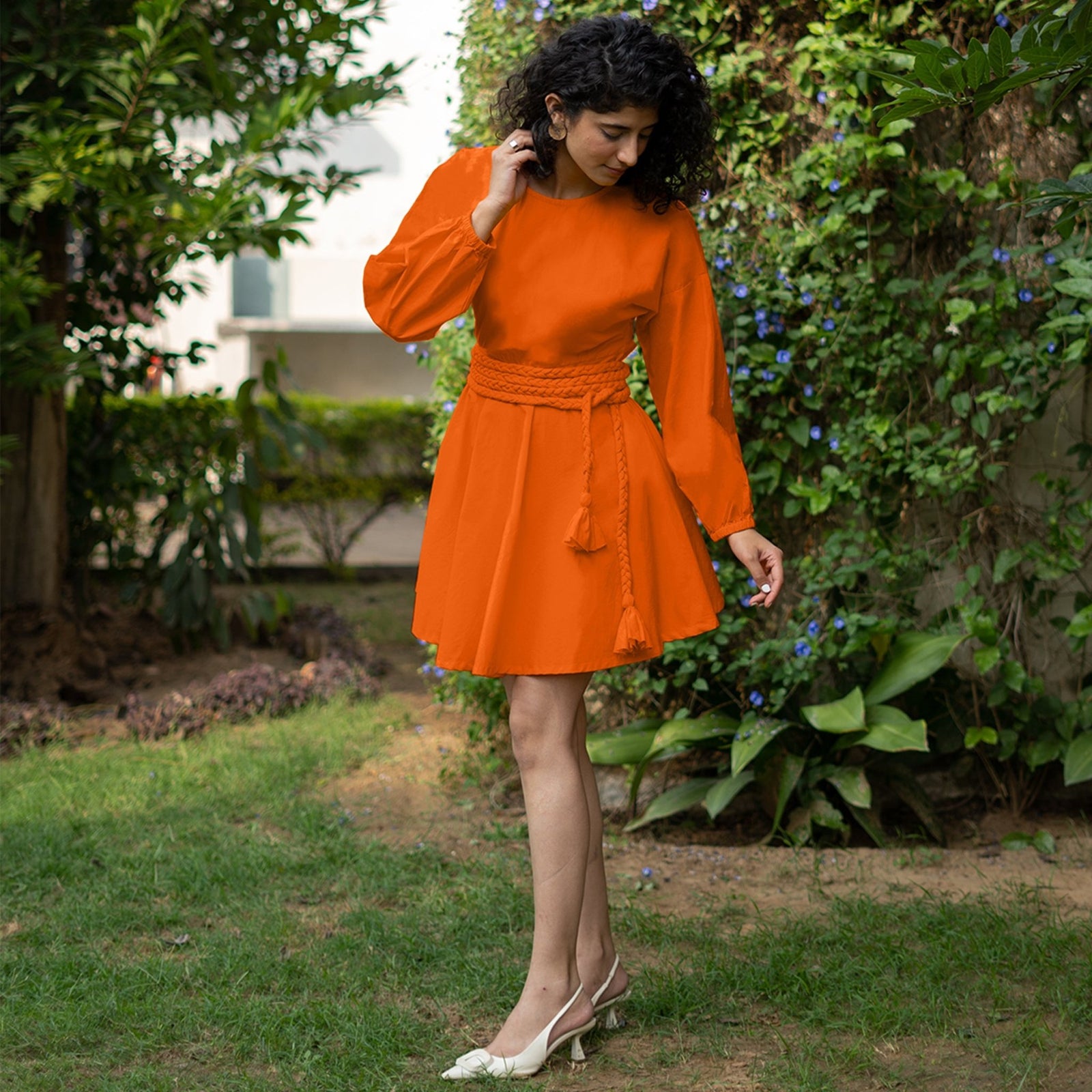 Orange Cotton Poplin Fit and Flare Balloon Sleeves Short Dress 50