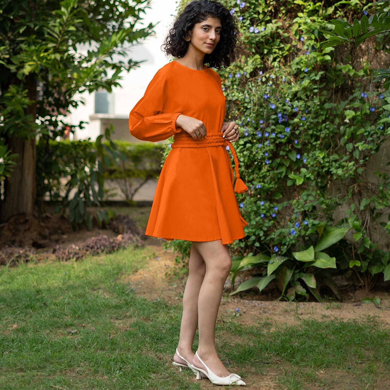 orange balloon sleeve dress Orange Balloon Sleeve Waist Embroidery Detail Evening Dress