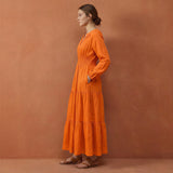 Orange Cotton Poplin Fit and Flare Maxi Tier Dress