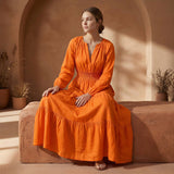Orange Cotton Poplin Fit and Flare Maxi Tier Dress
