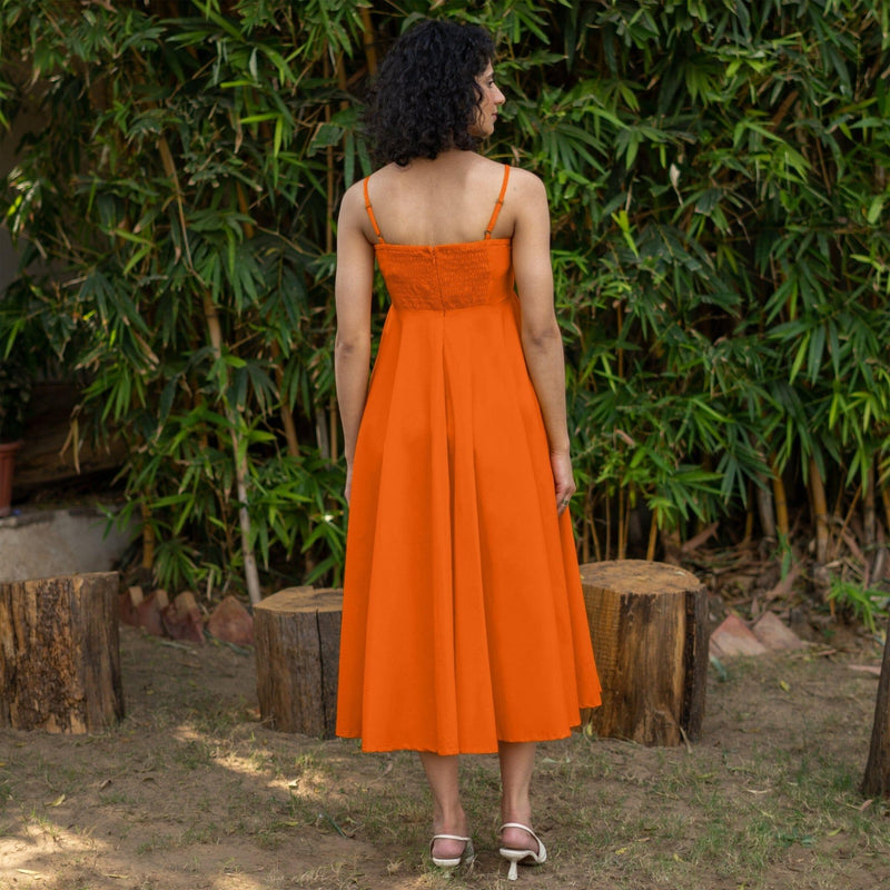 Orange Cotton Poplin Fit and Flare Midi Empire Dress