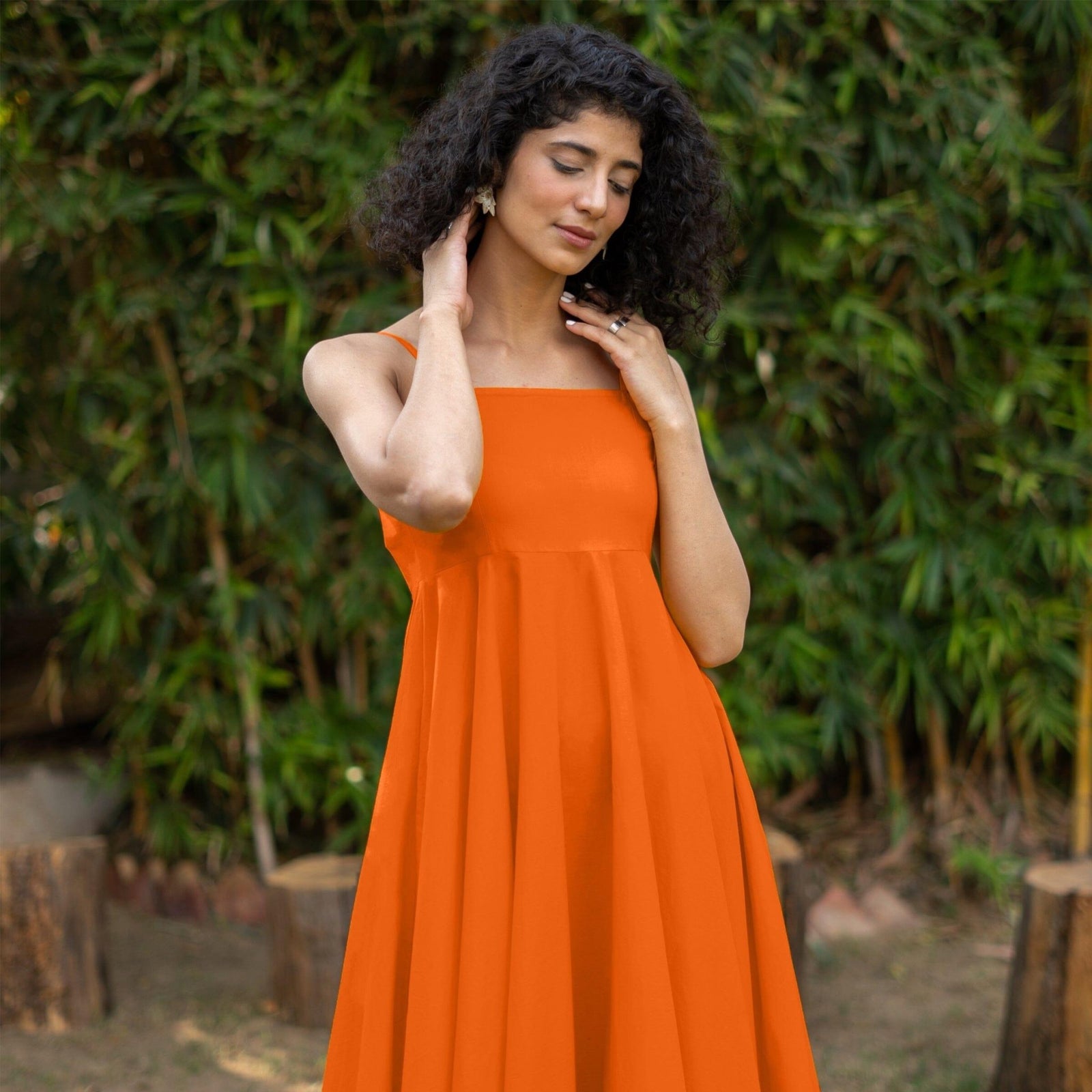 Orange Cotton Poplin Fit and Flare Midi Empire Dress 52 Orange Cotton Poplin Fit and Flare Midi Empire Dress 52