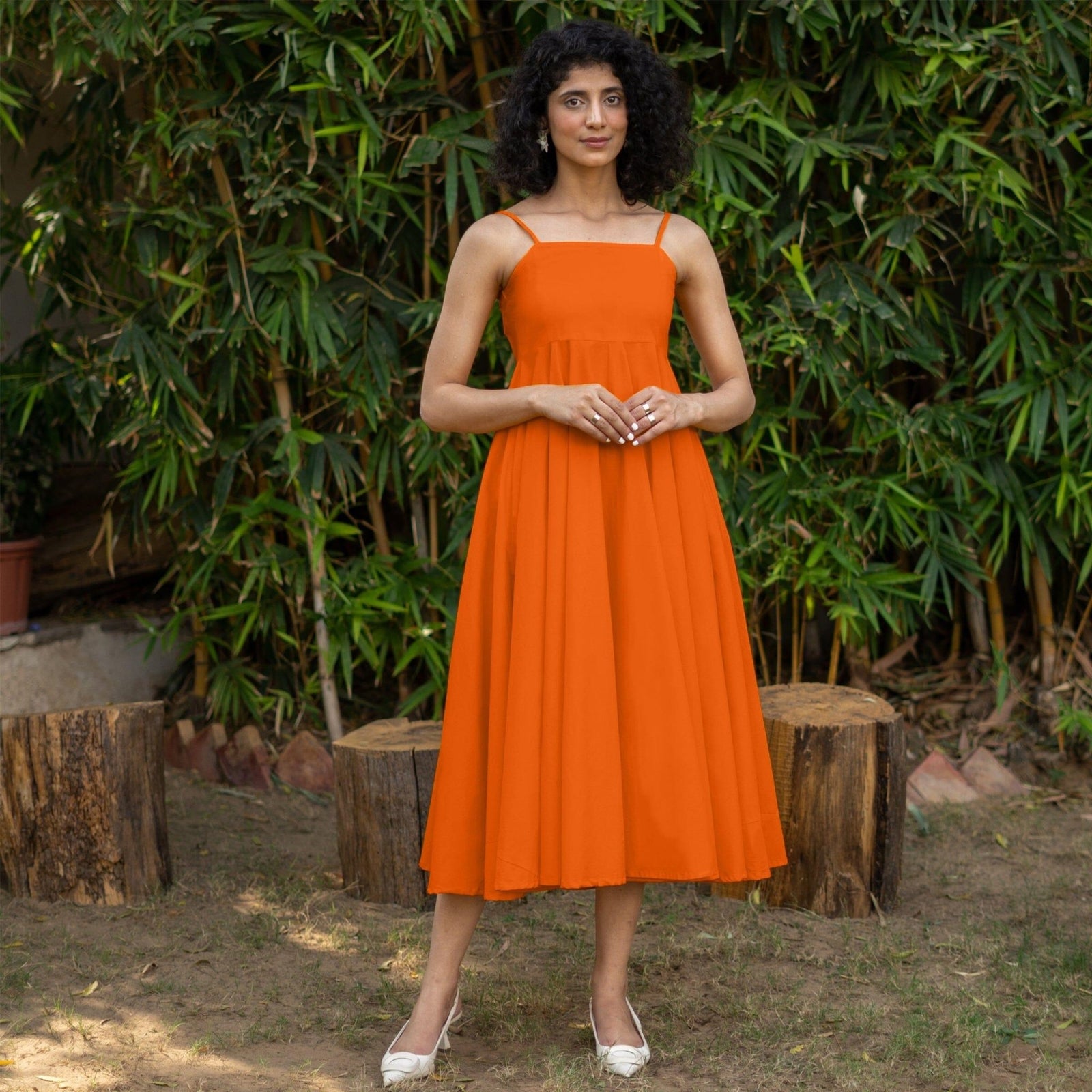 Orange Cotton Poplin Fit and Flare Midi Empire Dress 52