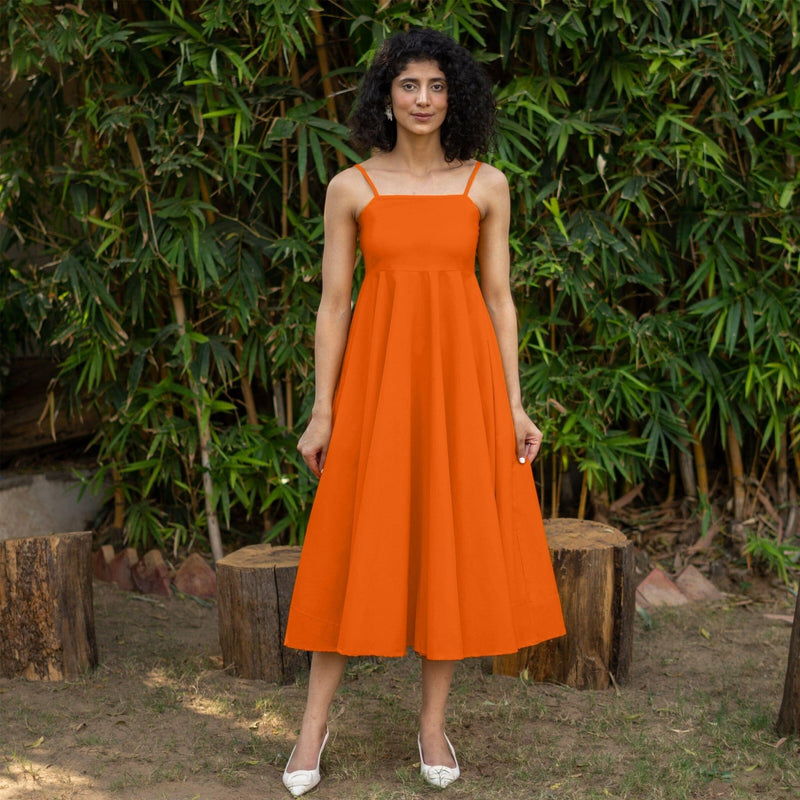 Orange Cotton Poplin Fit and Flare Midi Empire Dress 30" / Petite (5'1" and below) Orange Cotton Poplin Fit and Flare Midi Empire Dress 30" / Petite (5'1" and below)
