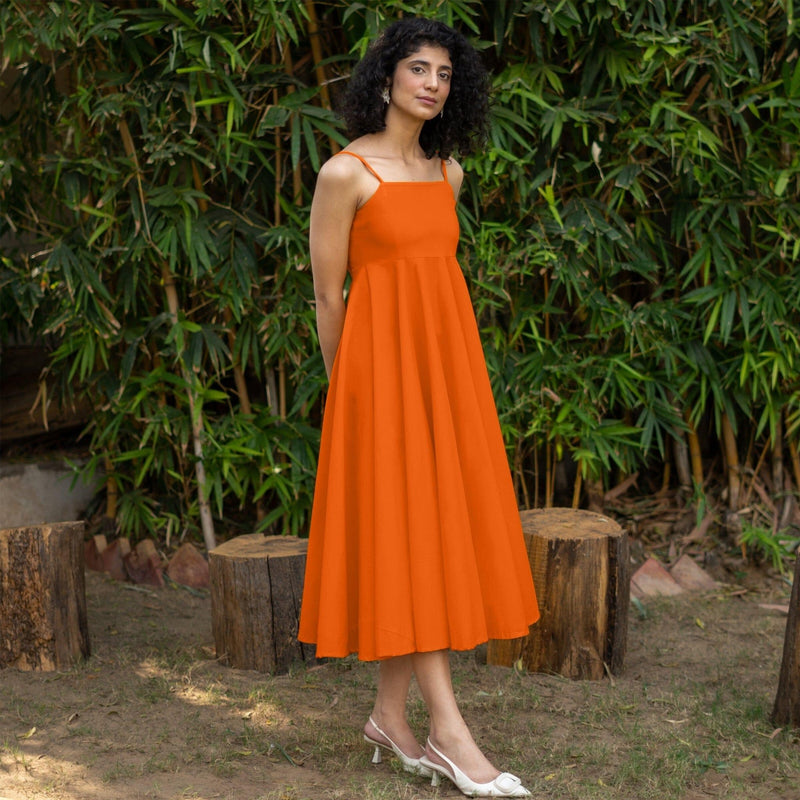 Orange Cotton Poplin Fit and Flare Midi Empire Dress