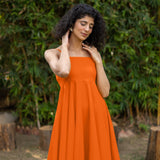 Orange Cotton Poplin Fit and Flare Midi Empire Dress