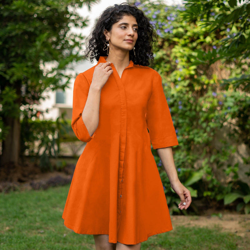 Orange Cotton Poplin Fit and Flare Short Button-Down Shirt Dress 44" / Tall (5'7" and above) Orange Cotton Poplin Fit and Flare Short Button-Down Shirt Dress 44" / Tall (5'7" and above)
