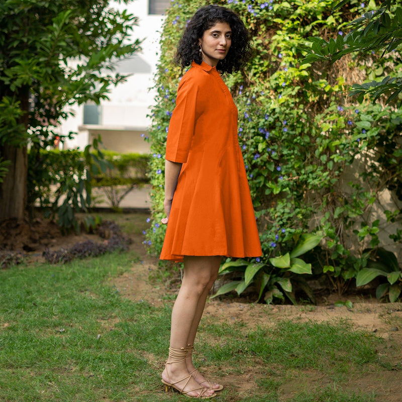Orange Cotton Poplin Fit and Flare Short Button-Down Shirt Dress 44" / Tall (5'7" and above) Orange Cotton Poplin Fit and Flare Short Button-Down Shirt Dress 44" / Tall (5'7" and above)