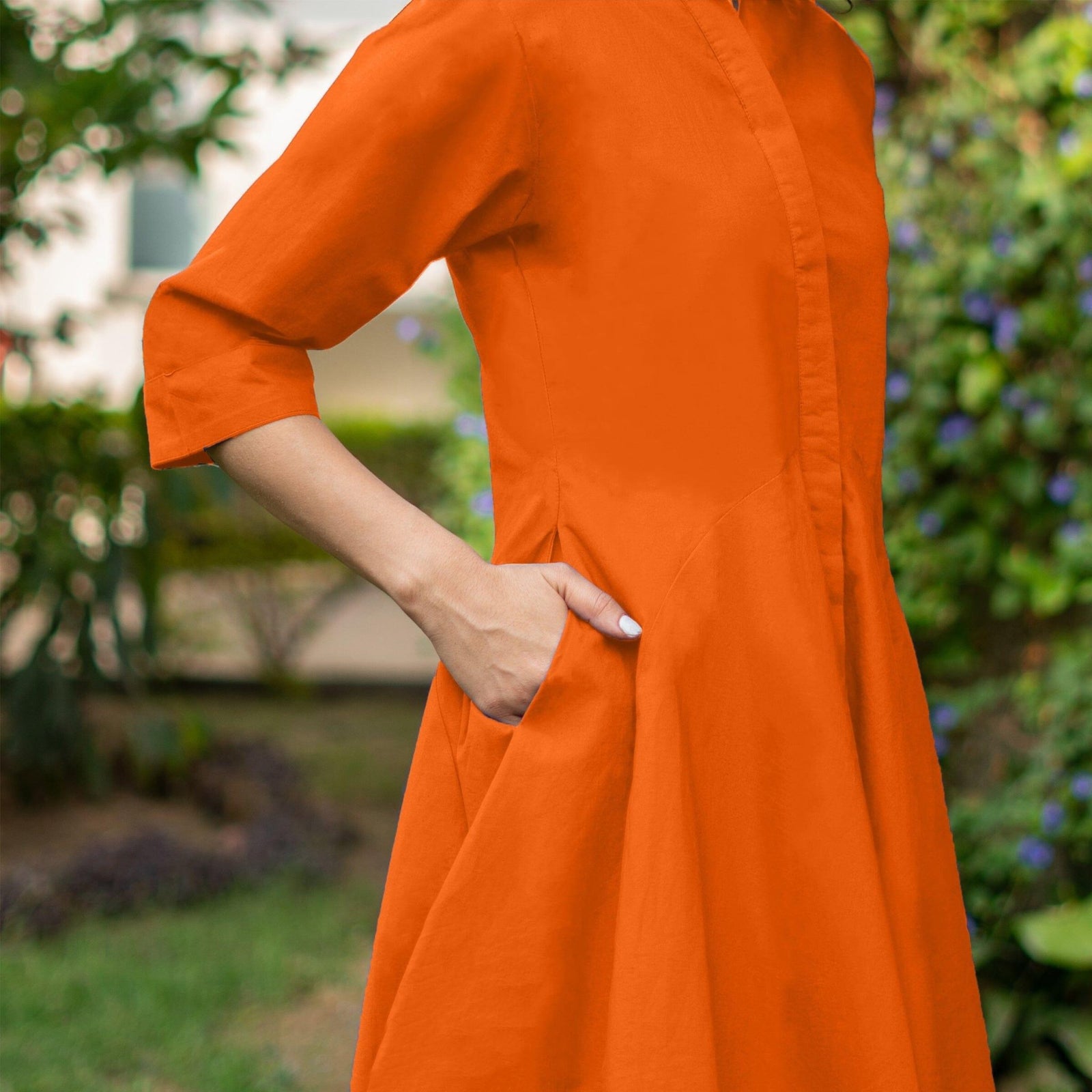 Orange Cotton Poplin Fit and Flare Short Button-Down Shirt Dress 44" / Custom Height (Free) Orange Cotton Poplin Fit and Flare Short Button-Down Shirt Dress 44" / Custom Height (Free)