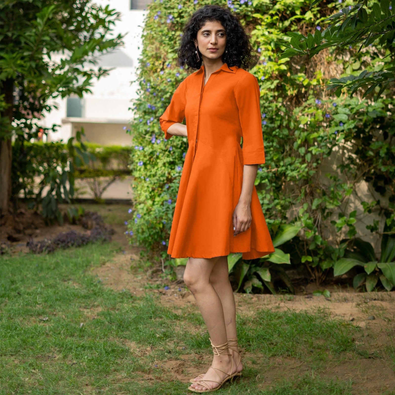 white christmas dresses Orange Cotton Poplin Fit and Flare Short Button-Down Shirt Dress 44
