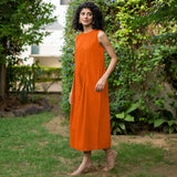 Orange Cotton Poplin Flared Midi Sleeveless Jumpsuit