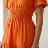 Orange Cotton Poplin Flutter Sleeve Tie-Back Tiered Midi Dress