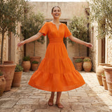 Orange Cotton Poplin Flutter Sleeve Tie-Back Tiered Midi Dress
