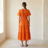 Orange Cotton Poplin Flutter Sleeve Tie-Back Tiered Midi Dress
