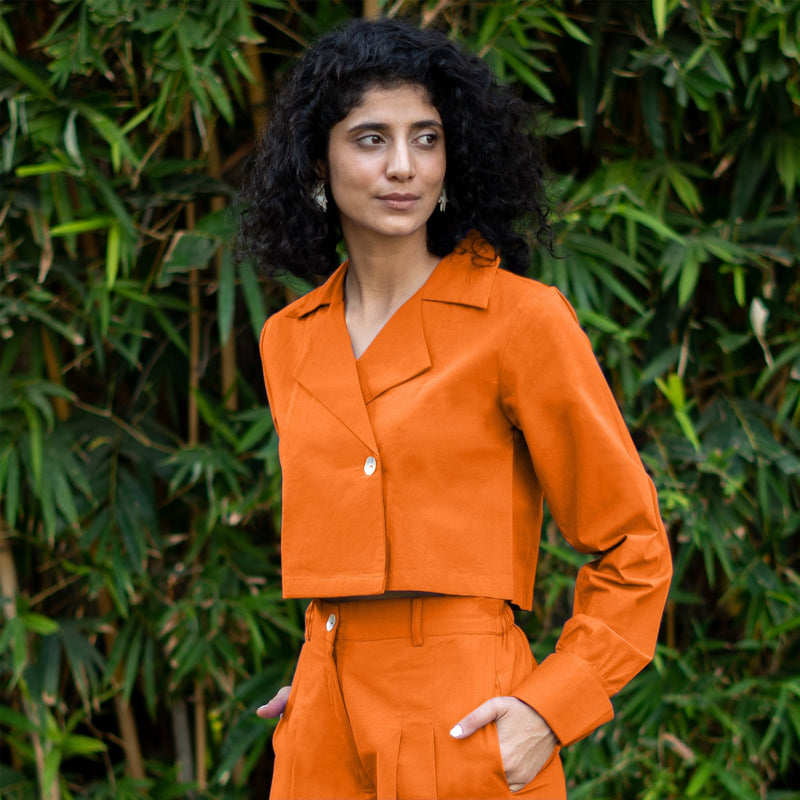 Orange Cotton Poplin Full Sleeve Cropped Shirt