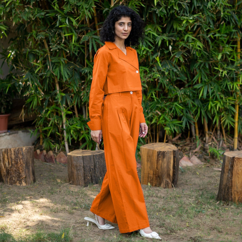 Orange Cotton Poplin Full Sleeve Cropped Shirt