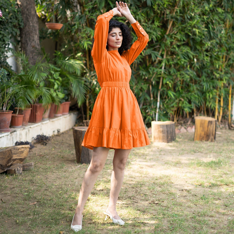 Orange Cotton Poplin Gathered Short Tier Dress 46