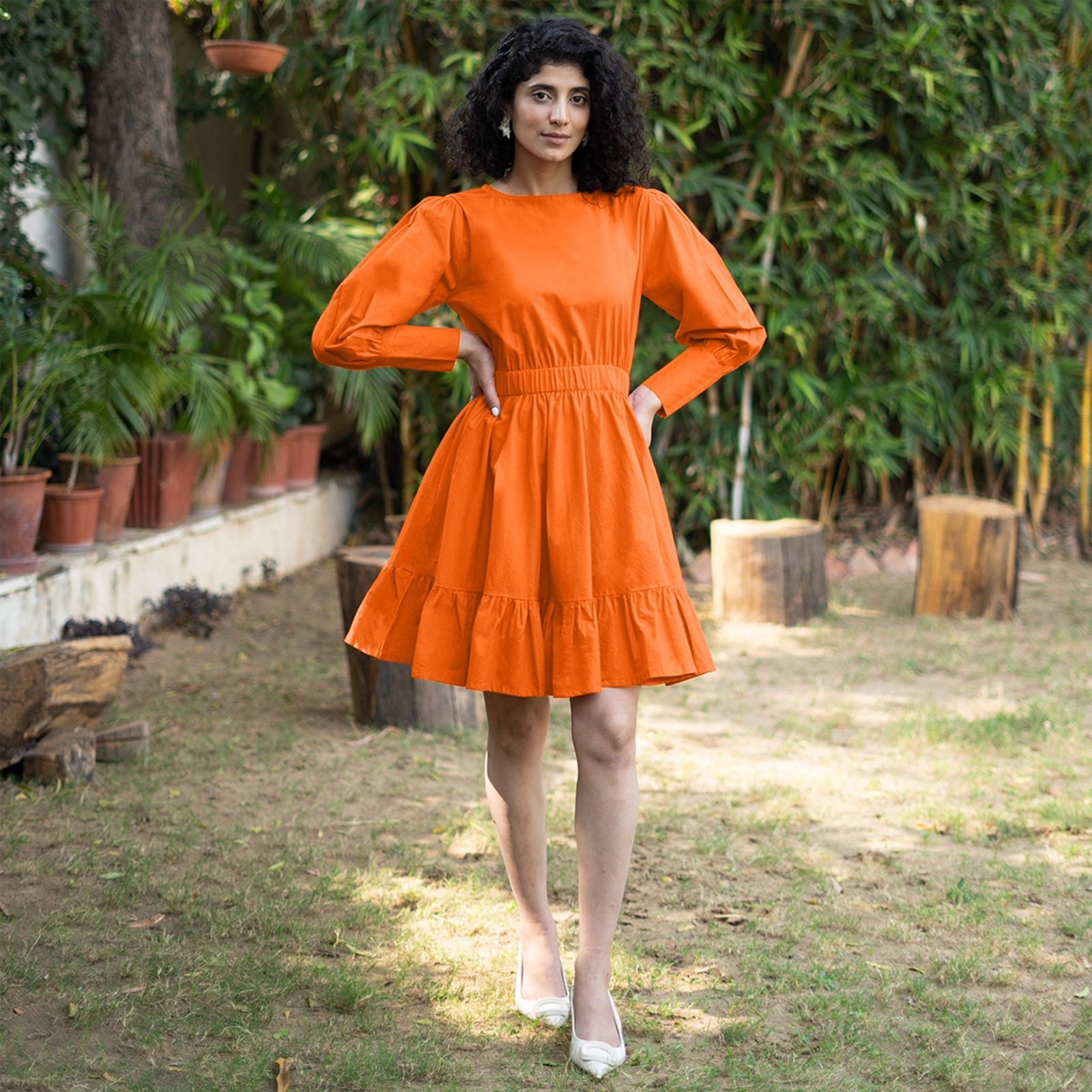 orange cotton dress womens cotton button up dress Orange Cotton Poplin Fit and Flare Short Button-Down Shirt Dress 44" / Custom Height (Free)