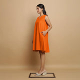 Orange Cotton Poplin Hand Embroidered Knee-Length Godet Dress