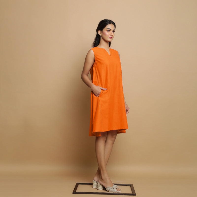 Orange Cotton Poplin Hand Embroidered Knee-Length Godet Dress