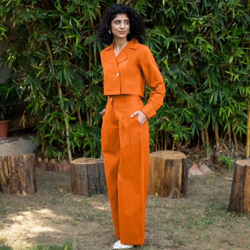 Orange Cotton Poplin High-Rise Elasticated Pleated Wide Legged Pant