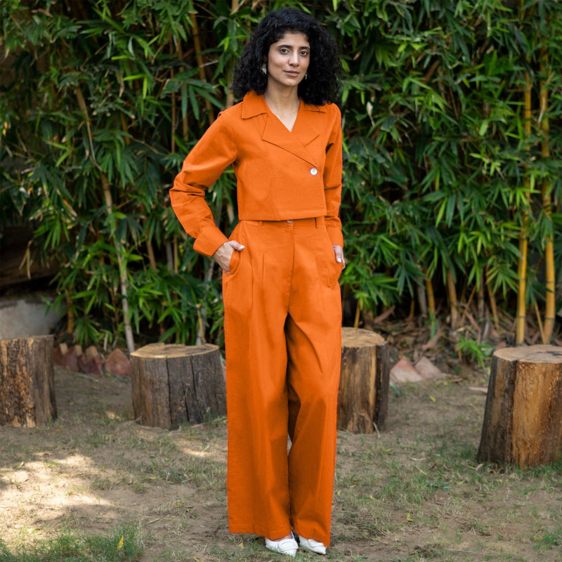 Orange Cotton Poplin High-Rise Elasticated Pleated Wide Legged Pant