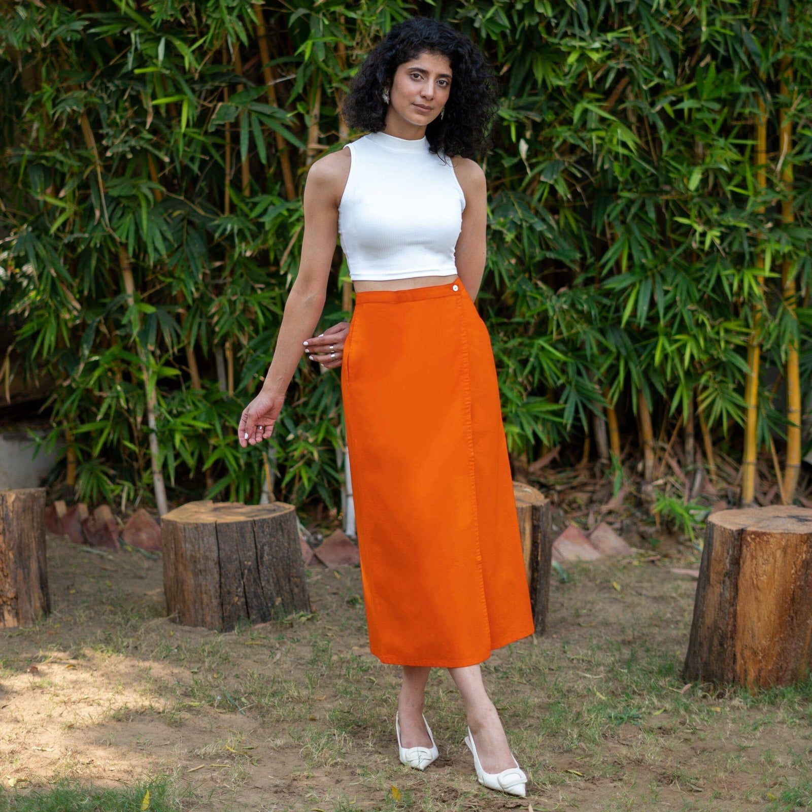 Buy Orange Cotton Poplin High-Rise Midi Wrap Skirt Online at