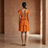 Orange Cotton Poplin Open-Back Fit and Flare Knee Length Dress