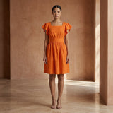 Orange Cotton Poplin Open-Back Fit and Flare Knee Length Dress