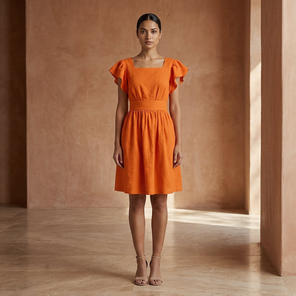 Orange Cotton Poplin Open-Back Fit and Flare Knee Length Dress