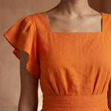 Orange Cotton Poplin Open-Back Fit and Flare Knee Length Dress