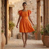 Orange Cotton Poplin Open-Back Fit and Flare Knee Length Dress